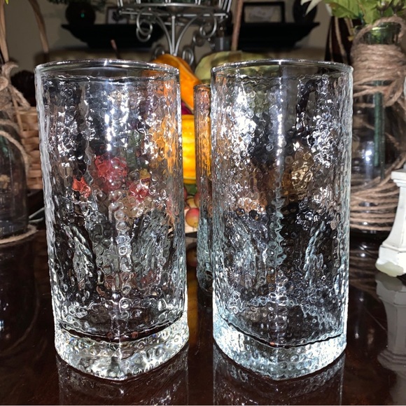 Vintage Style Crinkle Clear  Glass Thumbprint Design Tall Glasses Set of 4 - Picture 1 of 5